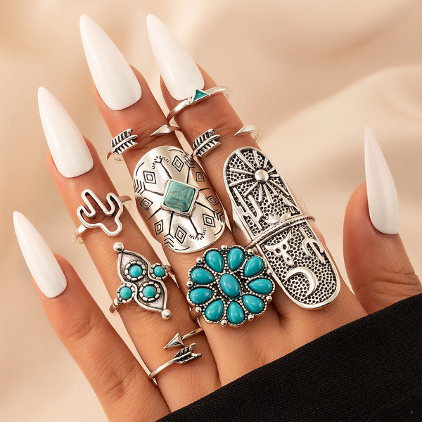 Georgina Retro Turquoise-Color Ring Set | Silver-Tone