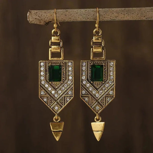 Antonia Retro Green Geometric Earrings | Gold-Tone