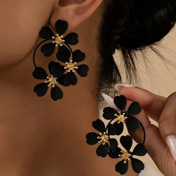 Dinah Retro Black Flower Drop Earrings - image 1