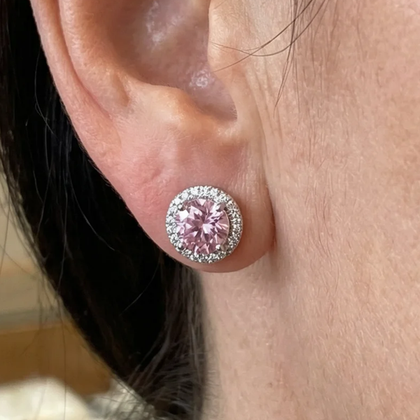 Holly Pink Round Pavé Stud Earrings | Silver-Tone — image 2
