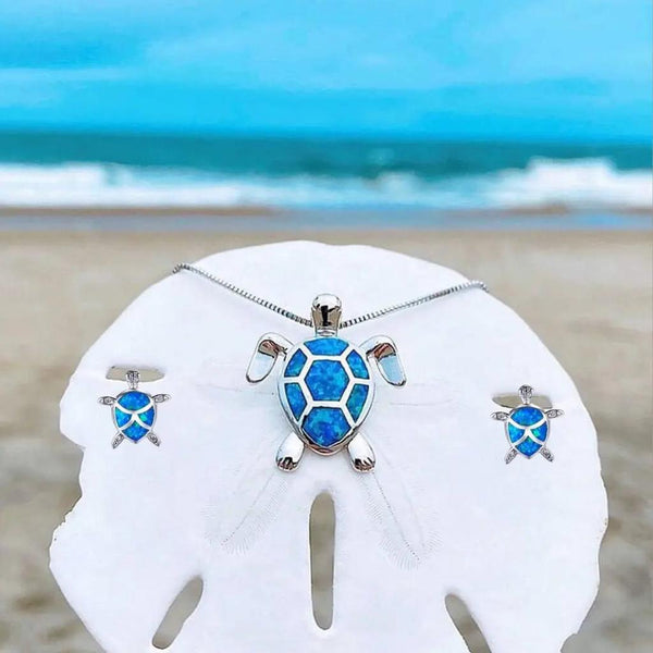 Bridget Opal-Look Turtle Necklace and Earring Set | Silver-Tone
