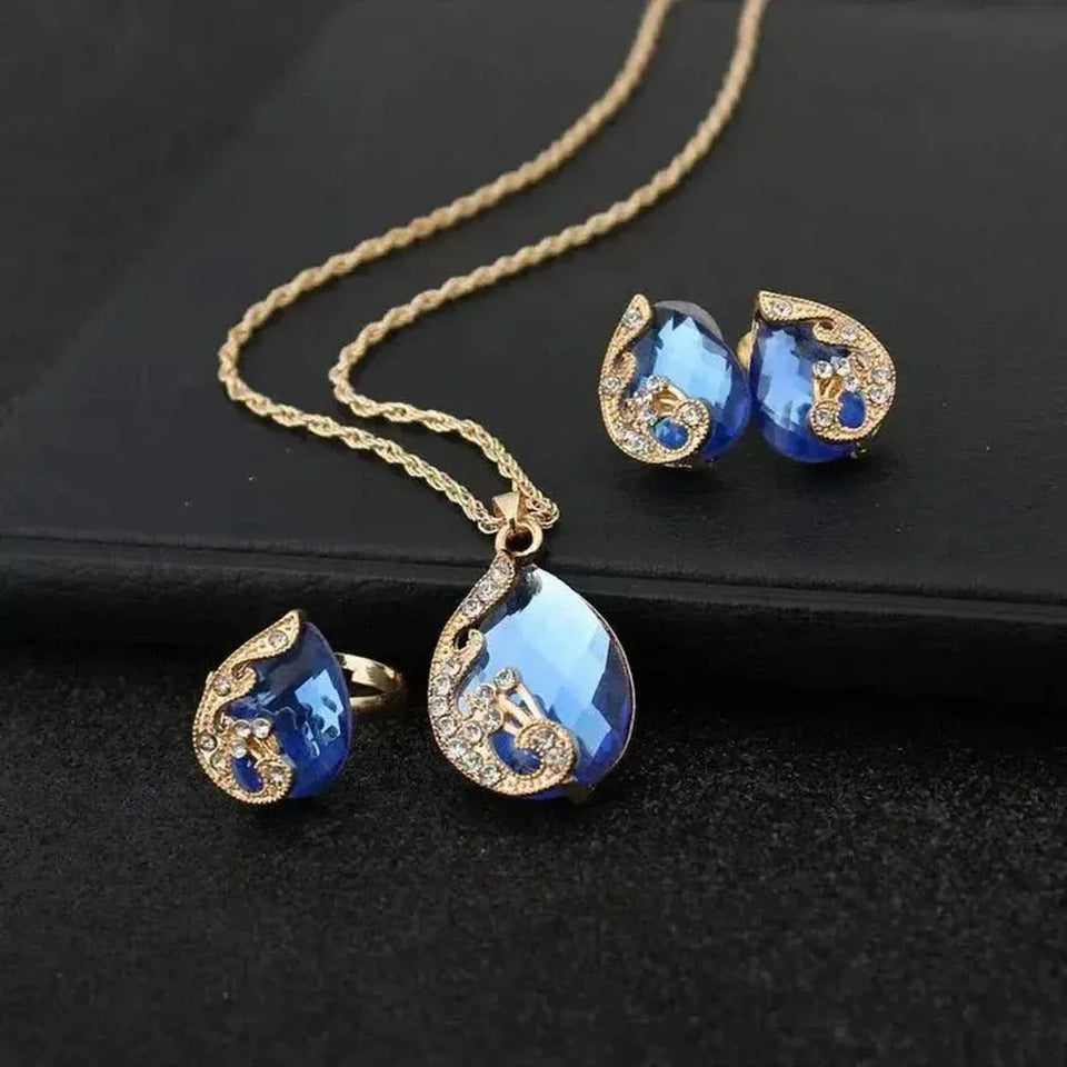Dorothea Blue Necklace and Earrings Set | Gold-Tone