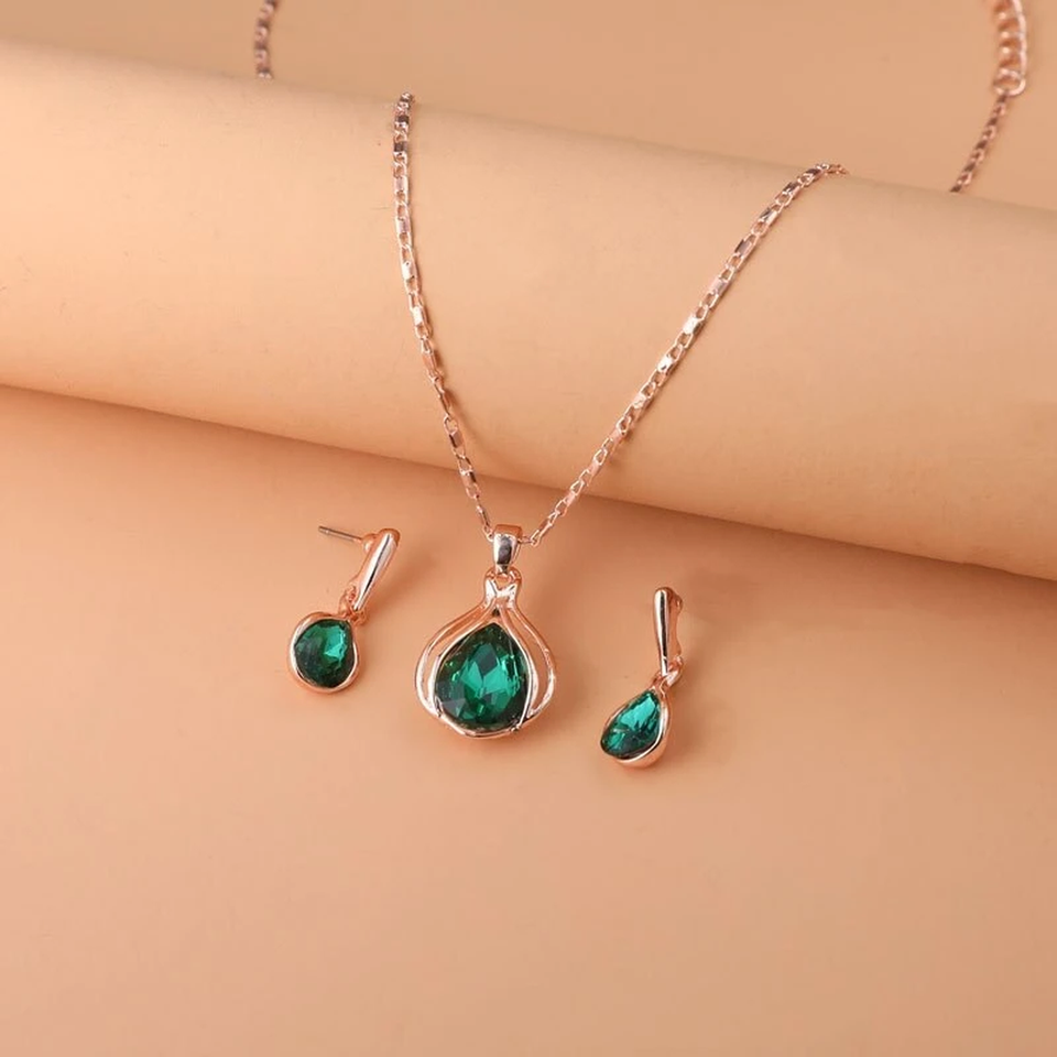 Priscilla Green Sparkle Necklace and Earring Set | Gold-Tone