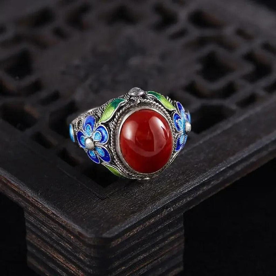Olivia Adjustable Retro Red Ring | Silver-Tone
