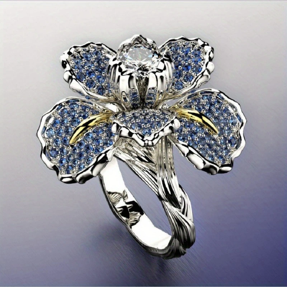 Martha Ring with Blue Flowers and Sparkle | Silver-Tone