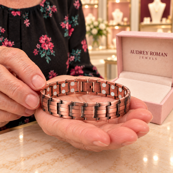 Close-up of the Clara Chain Bracelet in copper tone held in hands above the Audrey Roman Jewels boutique counter.