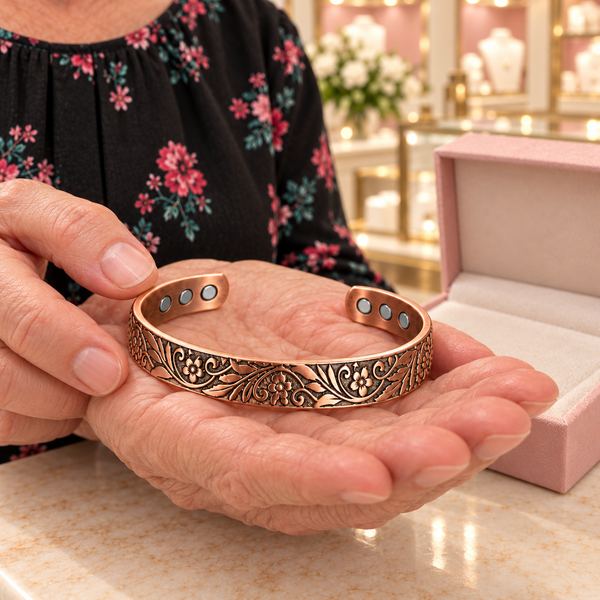 Close-up of the Florence Vine Bracelet in copper tone held in hands above the Audrey Roman Jewels boutique counter.