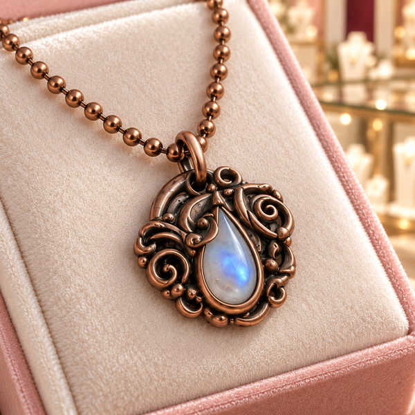 Close-up of the Clara Necklace in copper tone on the ivory insert of an Audrey Roman Jewels box.