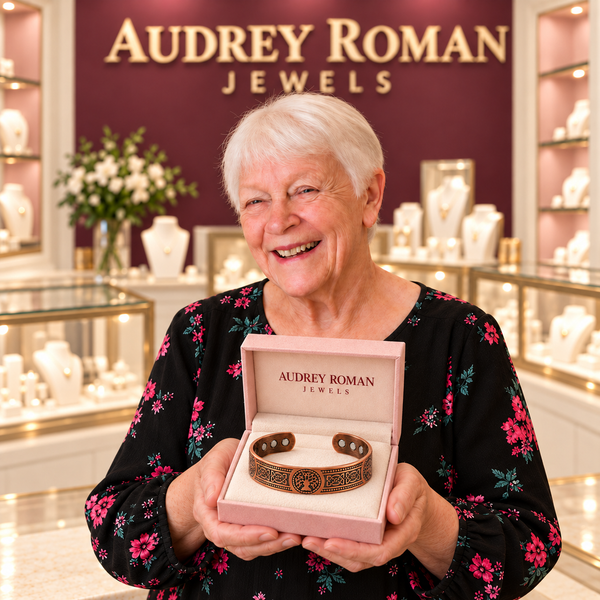 Florence Knot Bracelet presented in its rose box by a white-haired woman in the boutique.