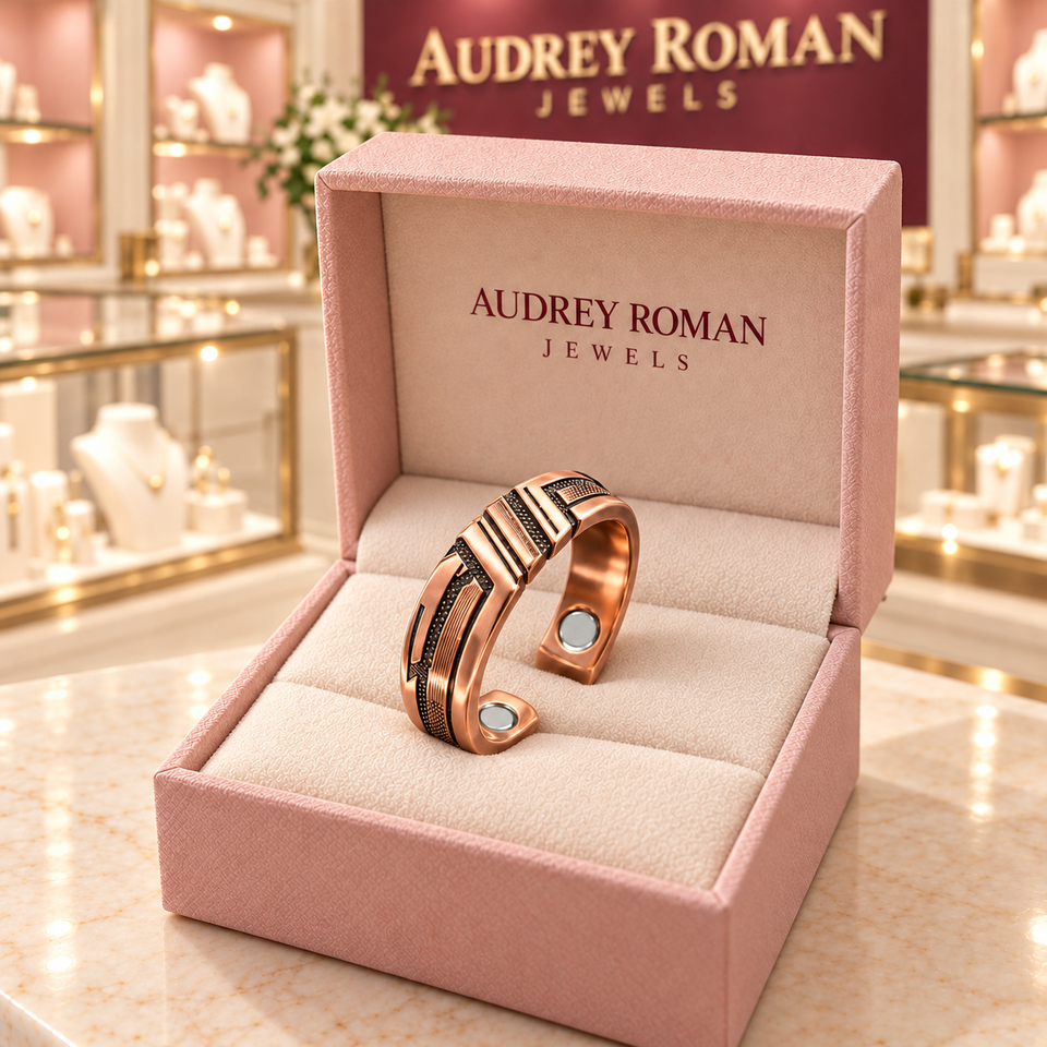 Eleanor Ridge Ring in its rose Audrey Roman Jewels box inside the boutique.