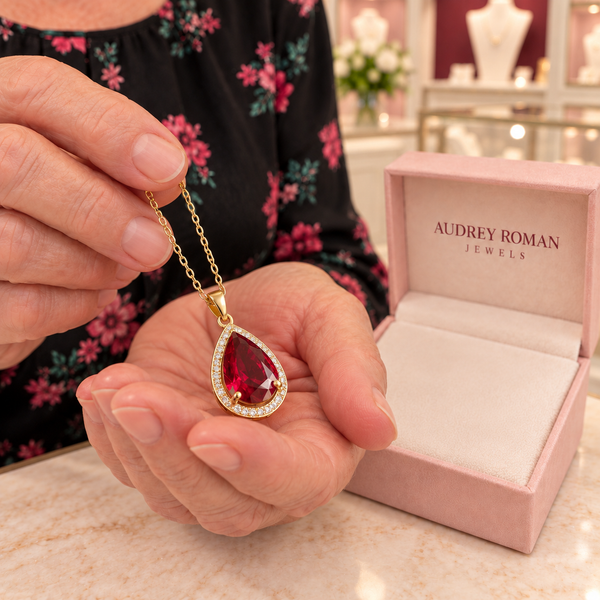 Julia Red Teardrop Pendant Necklace (gold-tone) held in the woman's hands for a close detail view inside the Audrey boutique.