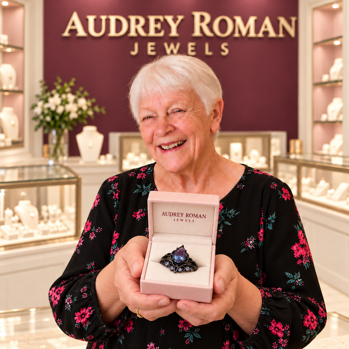 Alice Purple Layered Ring (black finish) presented in its rose box by the woman in the Audrey boutique.