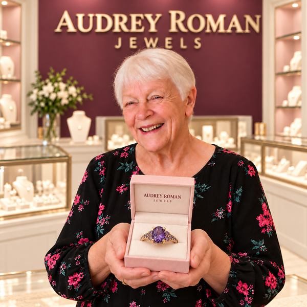 Harriet Ring (rose-gold-tone) presented in its box by the woman in the Audrey boutique.