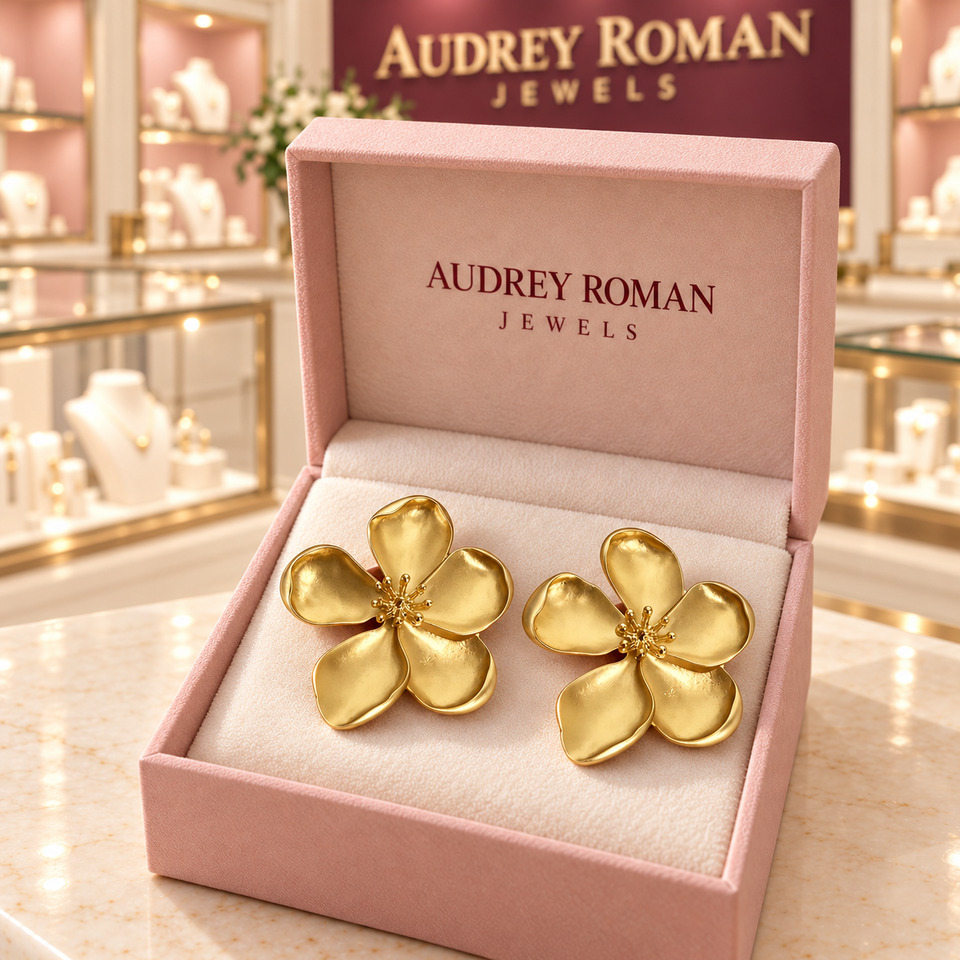 Cassandra gold-tone flower earrings in a pink Audrey Roman Jewels box on a boutique counter.