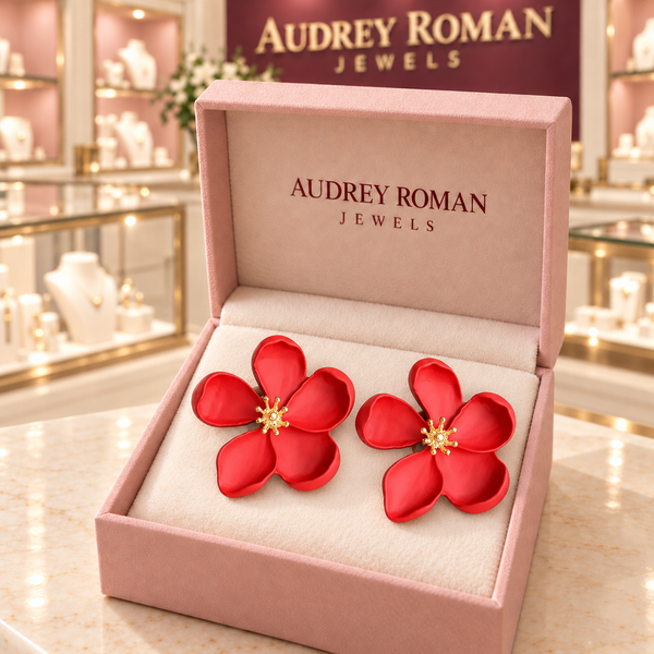 Cassandra red flower earrings in a rose Audrey Roman Jewels box inside the boutique.