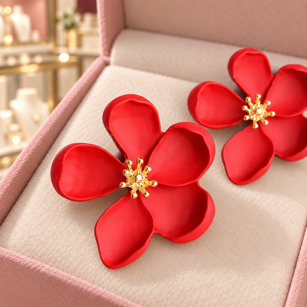 Close-up of Cassandra red flower earrings showing their petal detail in the Audrey box inside the boutique.