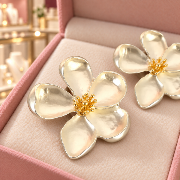 Close-up of Cassandra silver-tone flower earrings showing their petal detail in the Audrey box inside the boutique.