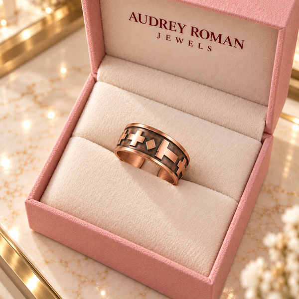 Celia Cross Ring | Copper-Tone viewed from above in the Audrey boutique.