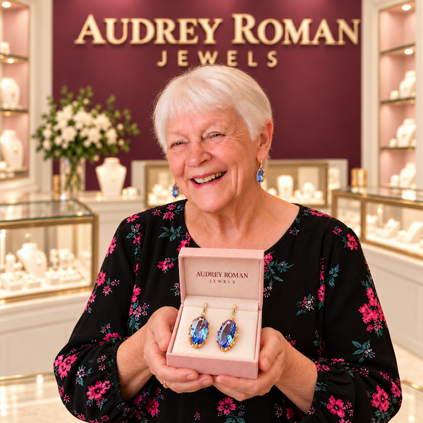 Teresa Blue Blossom Earrings | Gold-Tone presented by the Audrey owner in the boutique.