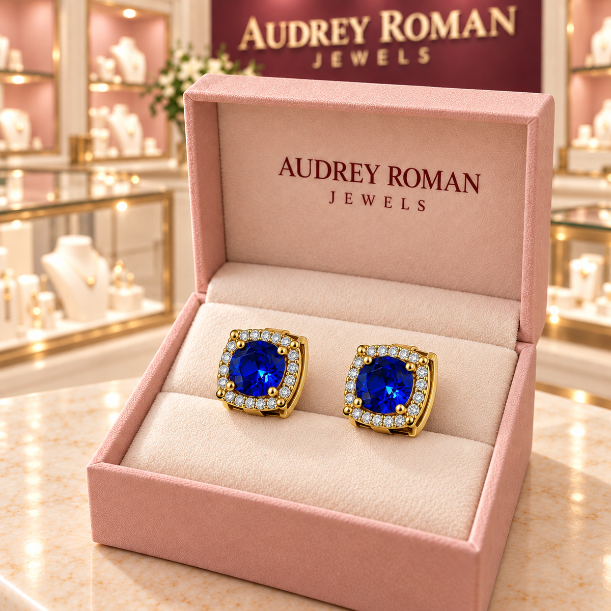 Abigail Blue Earrings in the Audrey Roman Jewels boutique — box
