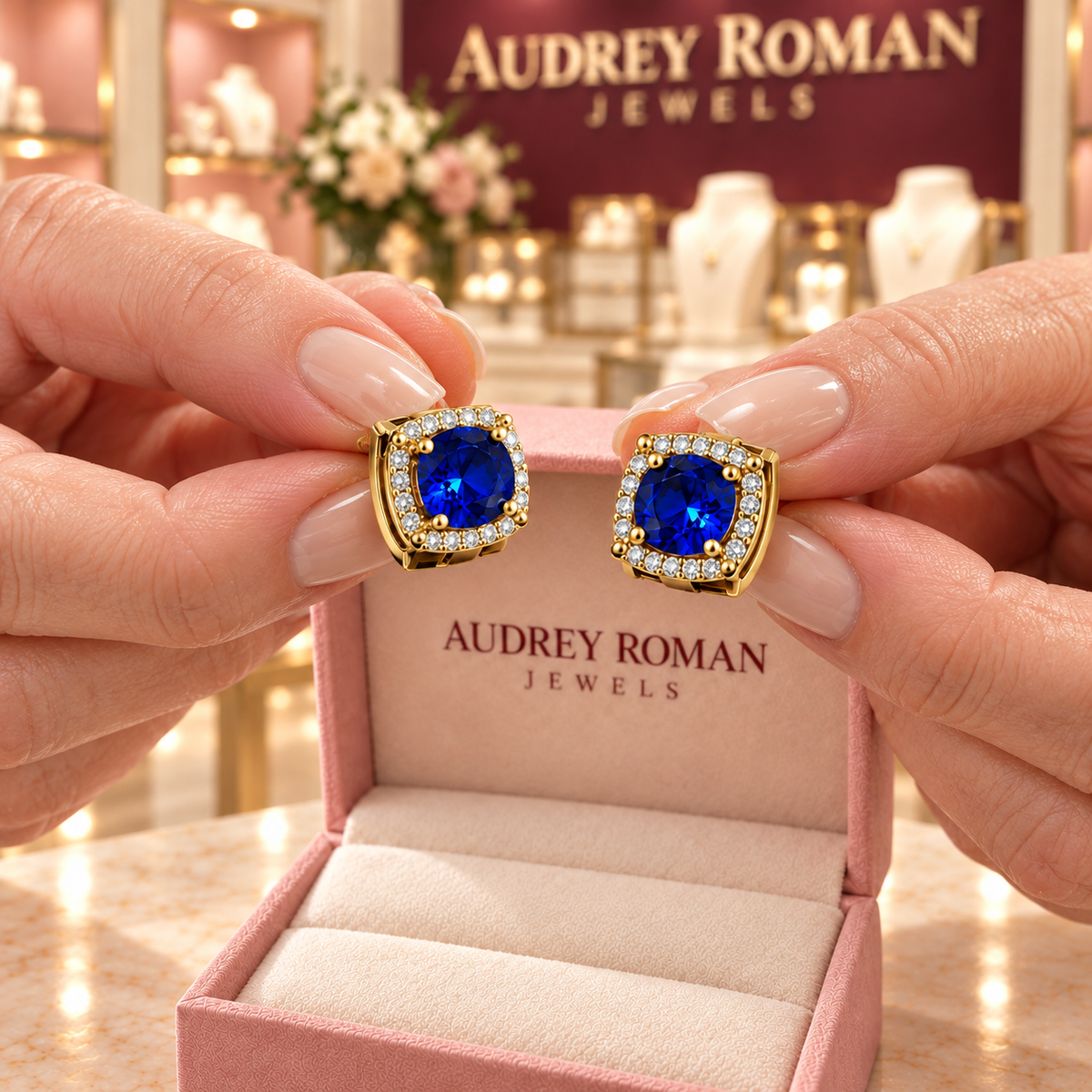 Abigail Blue Earrings in the Audrey Roman Jewels boutique — hands