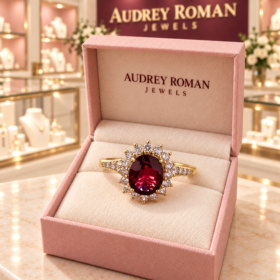 Noelle Red Ring | Gold-Tone in its Audrey presentation box.