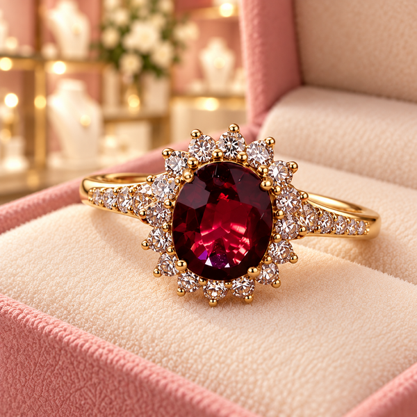 Noelle Red Ring | Gold-Tone close-up detail in the Audrey boutique.