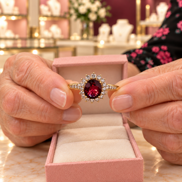 Noelle Red Ring | Gold-Tone presented close up in the Audrey boutique.