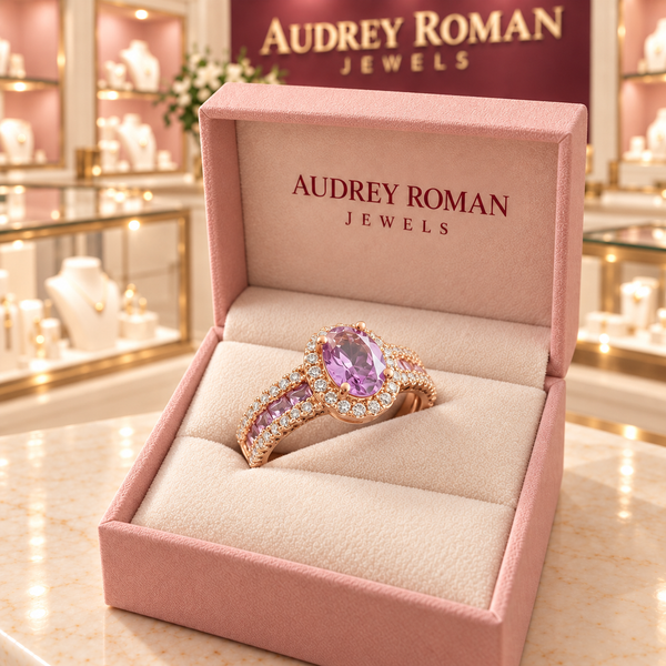 Leonora Purple Ring | Rose-Gold-Tone in an Audrey Roman Jewels presentation box.