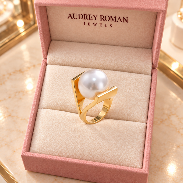Caroline Retro Pearl-Look Ring | Gold-Tone  viewed from above in the Audrey boutique.