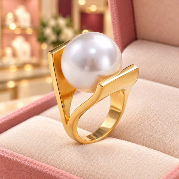 Caroline Retro Pearl-Look Ring | Gold-Tone  close-up detail in the Audrey boutique.